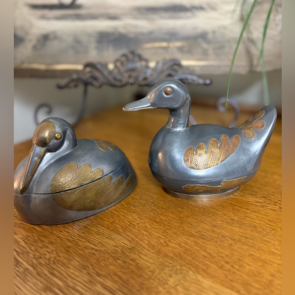 Other - vintage pewter and brass duck-shaped and swan pair of trinket boxes.